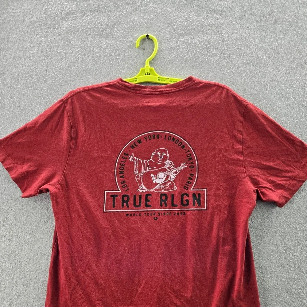 True‎ Religion Men Shirt L Red Guitar Buddha Logo Graphic Print Short Sleeve
